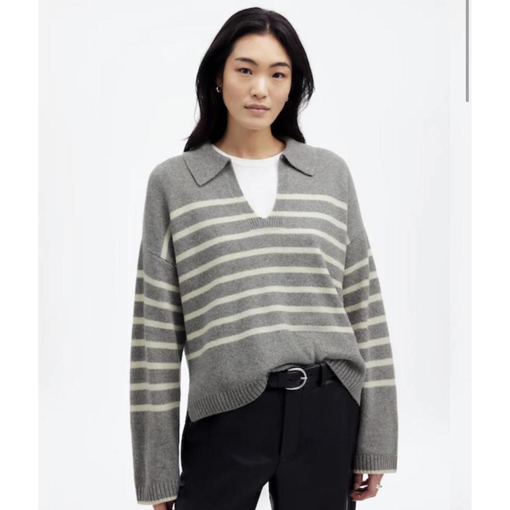 Madewell Gray Striped Cashmere Wool Pullover Sweater - Women's Medium
